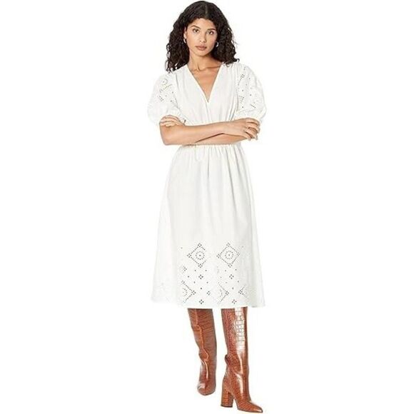 Mango Dress Women's Small 20 White Elsa Eyelet Puff Sleeve V-Neck A-Line VDA286 - Picture 1 of 6